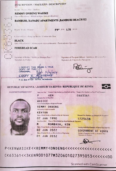 Scanned copy of Kenyan passport belonging to Remmy Ondeng Wasike, born January 7, 1990, in Mombasa, Kenya. The passport number is CK63361, issued June 2, 2022, and valid until June 1, 2032. The document certifies this as a true copy of the original and includes personal details such as height (5'9"), a forehead scar, and residential address at Xanadu Apartments, Bamburi Beach, Kenya.