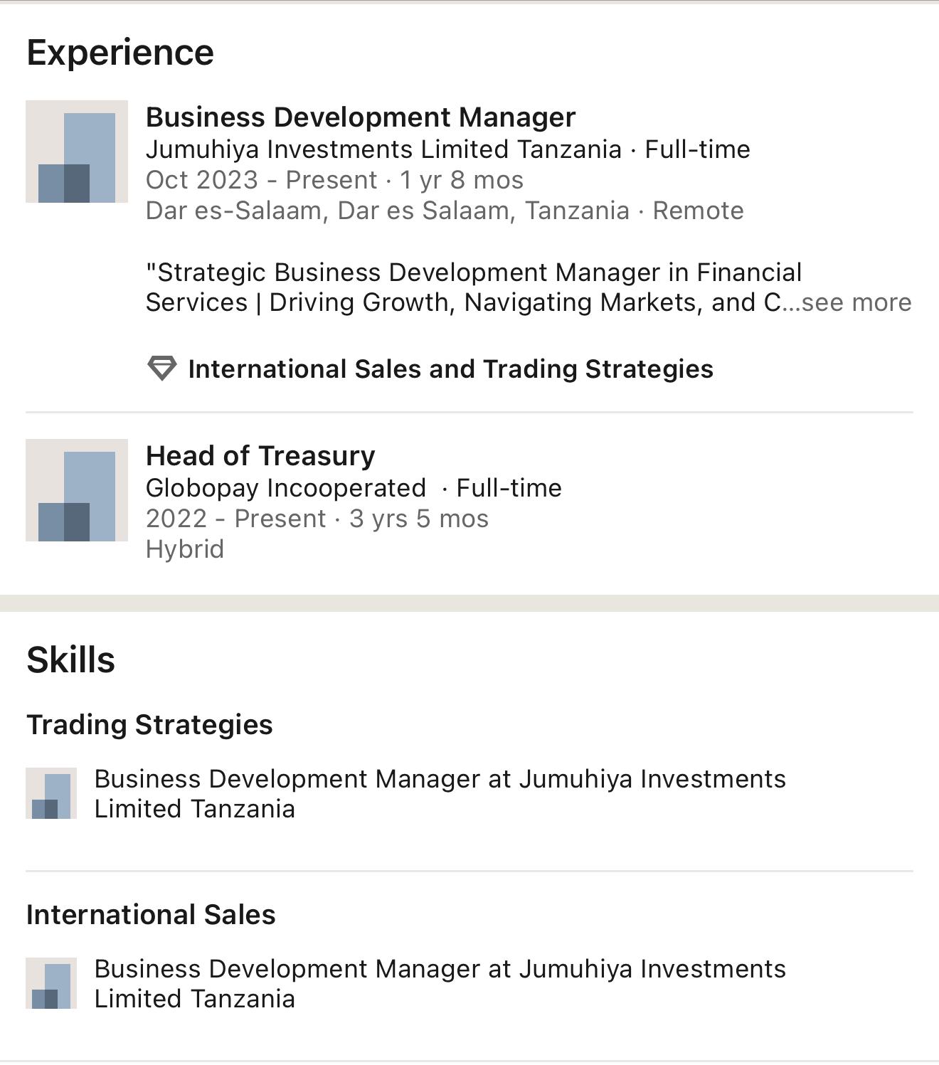 Screenshot of Remy Wasike’s professional experience and skills. He is currently a Business Development Manager at Jumuhiya Investments Limited Tanzania since October 2023, working remotely from Dar es Salaam, focusing on strategic business development in financial services.