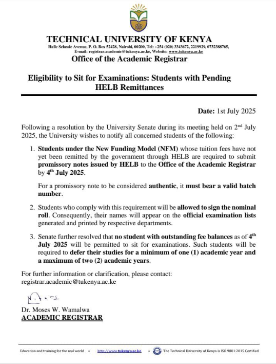 Official memo from the Technical University of Kenya dated July 1, 2025, informing students under the New Funding Model (NFM) with pending HELB tuition remittances to submit valid promissory notes by July 4, 2025. Only those who comply will be allowed to sit exams, while those with outstanding balances will have to defer their studies for one to two academic years.