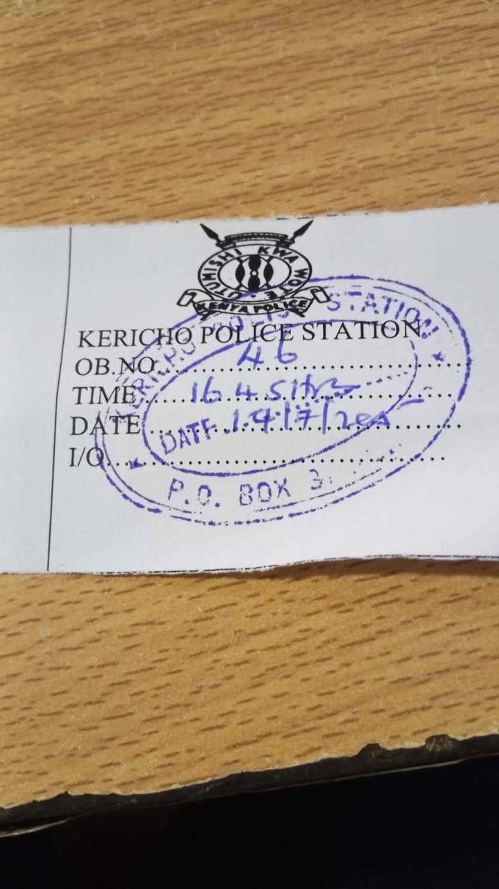 OB report filed at Kericho Police Station regarding continued private use of government vehicle by ex-KEWASCO MD Kibii Siele after contract expiry.