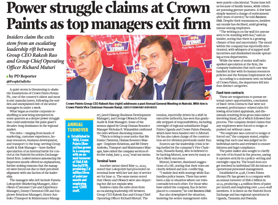 Screenshot of a People Daily newspaper article dated Thursday, July 3, 2025, featuring a report on a growing leadership crisis at Crown Paints Kenya Plc. The article outlines the sudden exits of six senior managers and raises concerns about internal power struggles involving top executives.