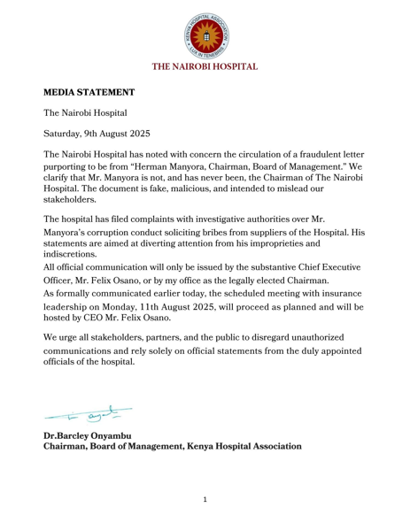 Nairobi Hospital statement denying Herman Manyora is chairman, calling a circulated letter fake, accusing him of soliciting bribes, and urging stakeholders to ignore unauthorized communications.