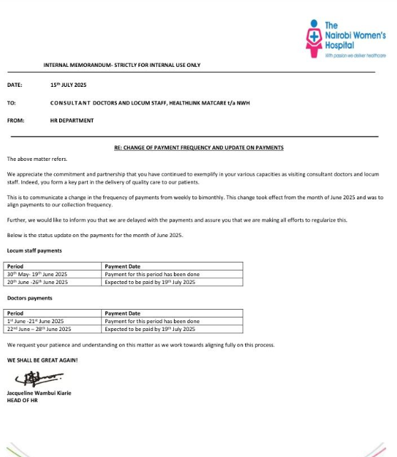 Internal memorandum from the Human Resources Department of Nairobi Women’s Hospital, July 2025, addressed to consultant doctors and locum staff under Healthlink Matcare t/a NWH, informing them about the change in payment frequency, updated payment dates, and emphasizing alignment with hospital financial processes.