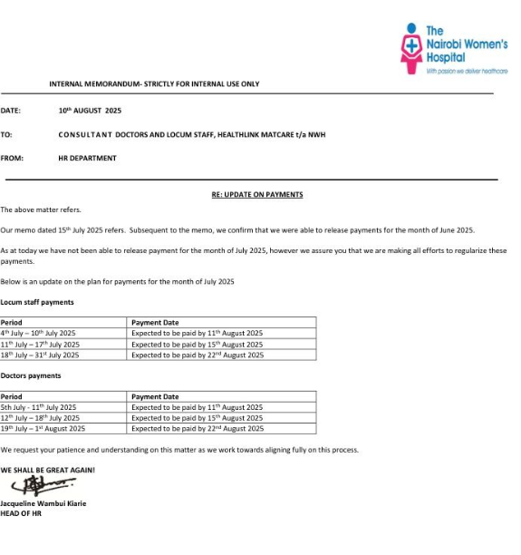 Internal memorandum from Nairobi Women’s Hospital, dated 10 August 2025, addressed to consultant doctors and locum staff. The memo from the HR Department provides an update on payments, confirming June 2025 payments have been released and outlining expected payment dates for July 2025. Payment schedules are listed separately for locum staff and doctors, with periods and expected payment dates. The memo requests patience and understanding, signed by Jacqueline Wambui Kiarie, Head of HR.