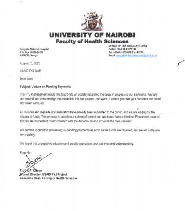Letter from the University of Nairobi Faculty of Health Sciences, addressed to USAID FYJ staff