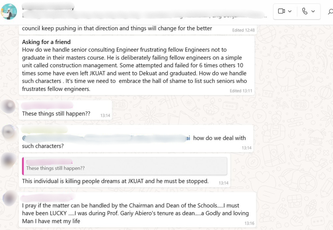 Screenshot of a WhatsApp group chat among Kenyan engineers discussing allegations that a senior consulting engineer and lecturer at JKUAT is deliberately failing Master’s students in the Construction Management unit.