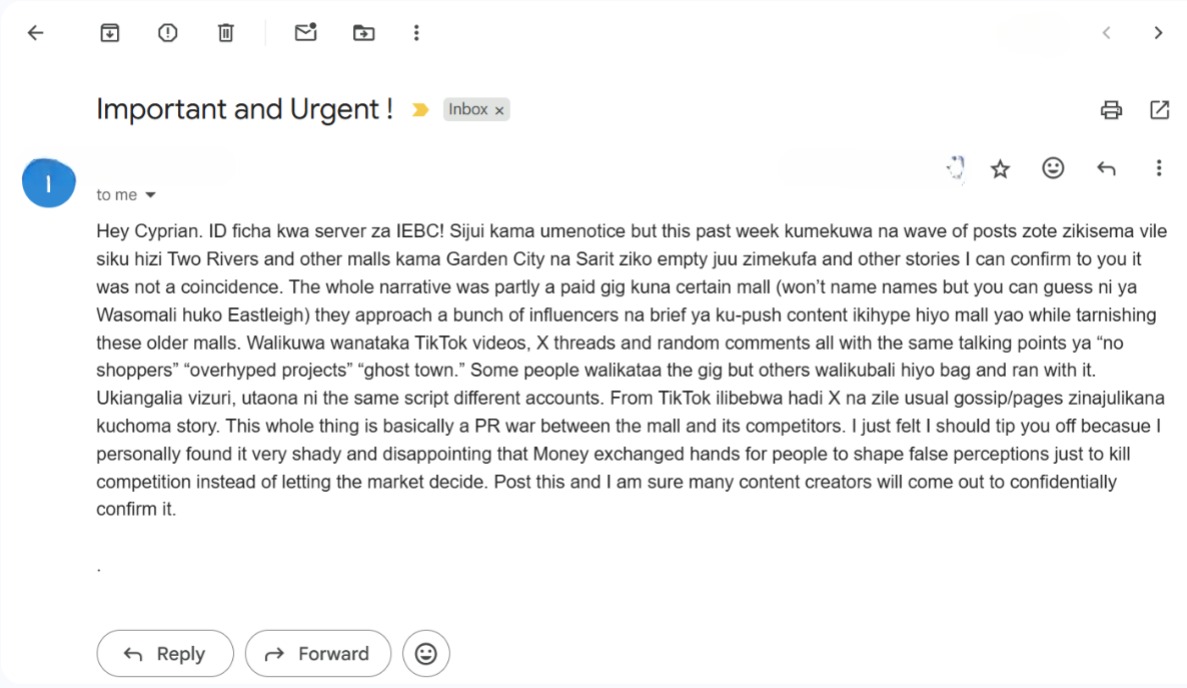 Email revealing a paid social media campaign where influencers were hired to post coordinated negative content about rival malls, using scripted messages to portray them as empty and overhyped while promoting another shopping centre.