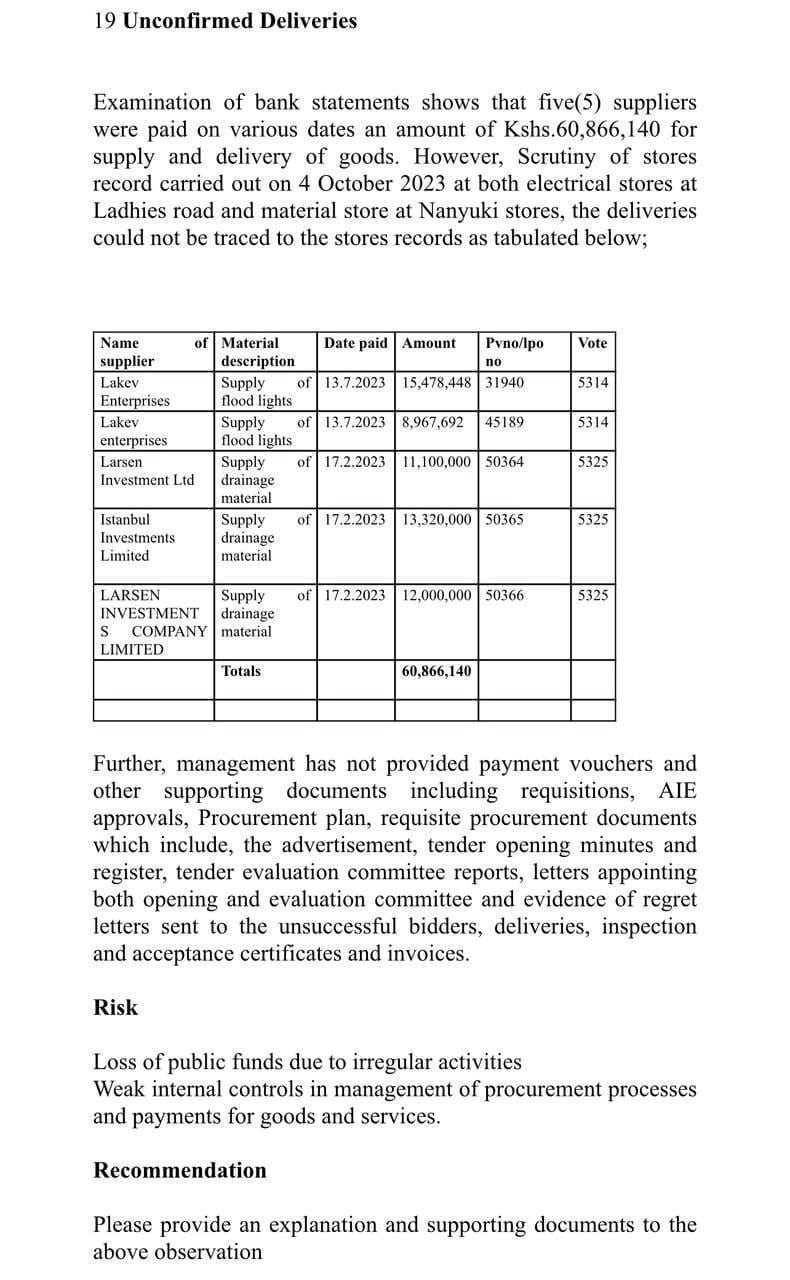 Leaked Nairobi City County audit document showing payments of over Ksh 60.8 million to suppliers for goods that were never delivered, with missing vouchers, tender files, and inspection certificates.