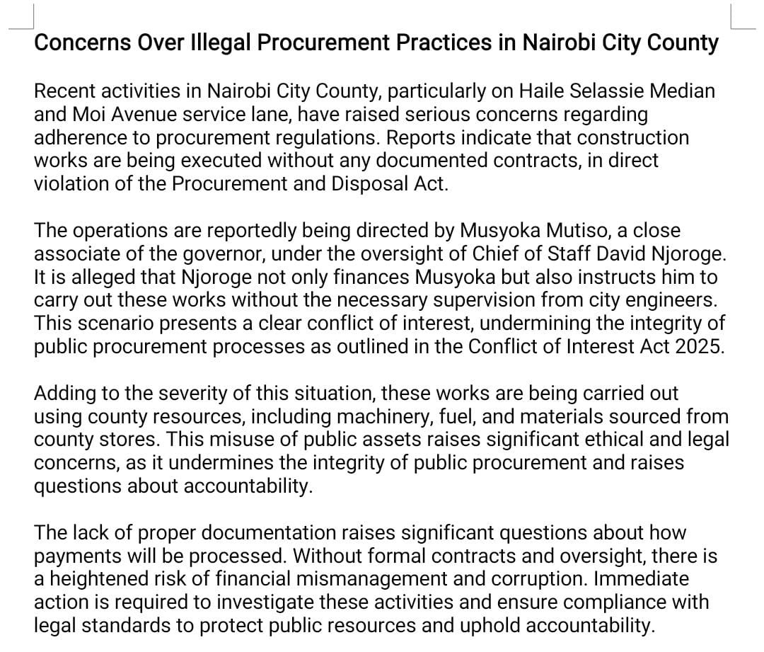 Leaked Nairobi City County Assembly report detailing illegal procurement practices on Haile Selassie Median and Moi Avenue service lane, where construction works were allegedly executed without contracts, using county resources such as fuel, machinery, and materials, under the direction of Governor Sakaja’s close associate Musyoka Mutiso and Chief of Staff David Njoroge.