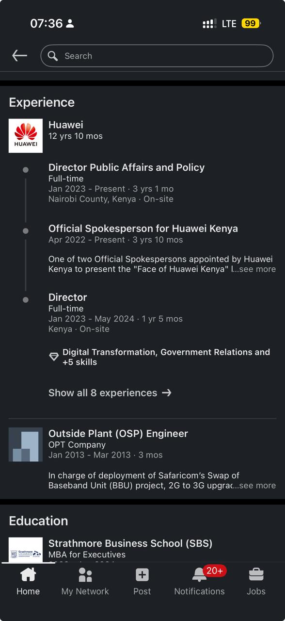 LinkedIn experience section showing Maureen Mwaniki’s employment history at Huawei, detailing roles in public affairs, policy, and government relations over more than a decade.
