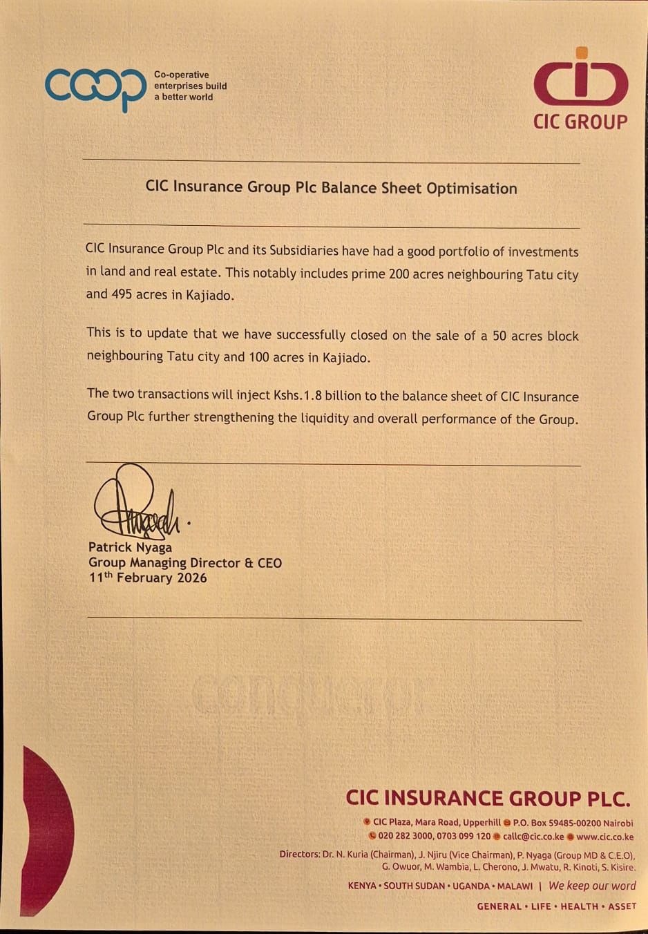 Official CIC Insurance Group Plc notice announcing the sale of land near Tatu City and Kajiado, injecting Ksh 1.8 billion into the company’s balance sheet, signed by Group MD & CEO Patrick Nyaga.