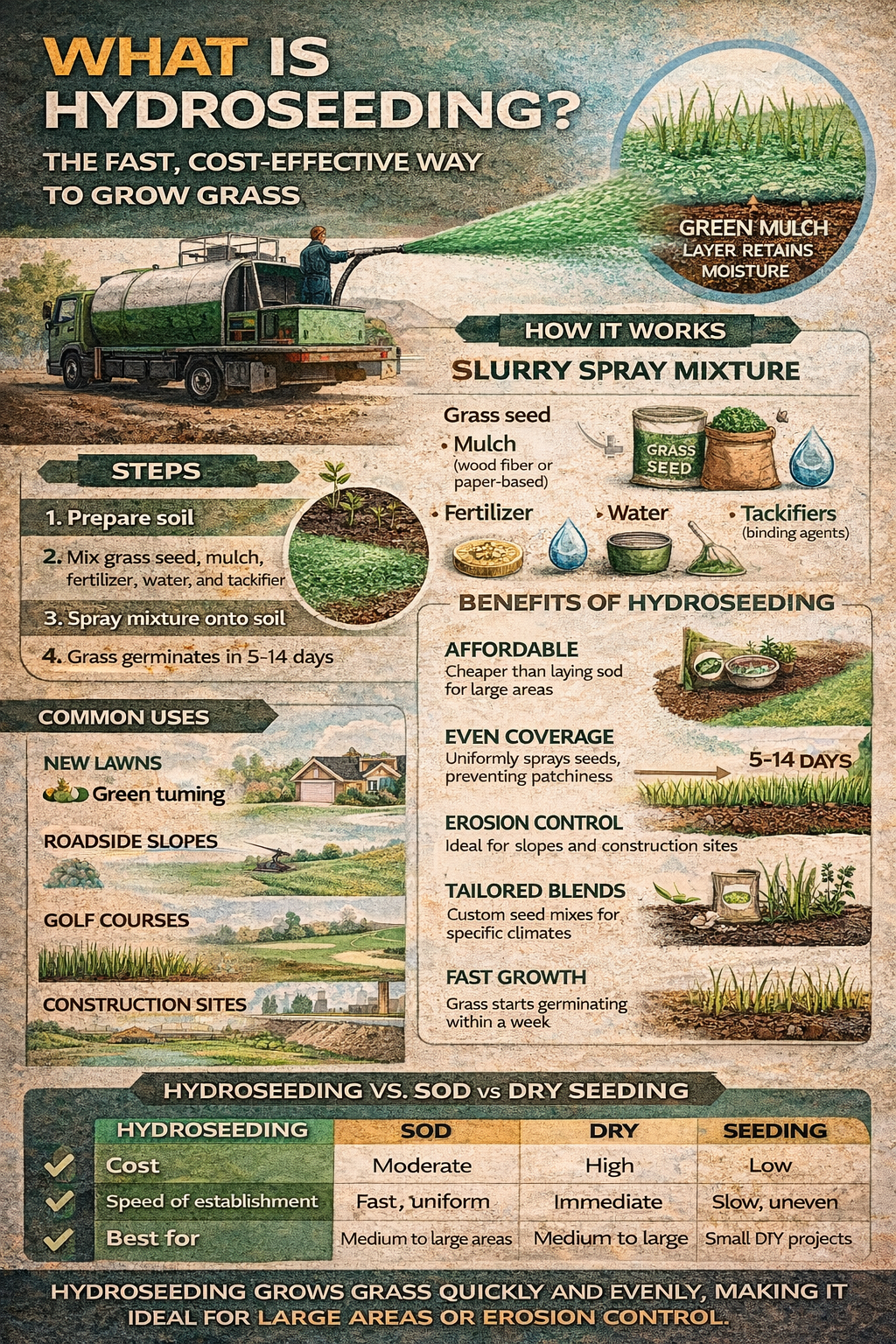 Infographic titled “What Is Hydroseeding?” showing a hydroseeding truck spraying green slurry onto soil, with sections explaining the slurry mix components (grass seed, mulch, fertilizer, water, tackifiers), step-by-step process, key benefits like erosion control and fast growth, common uses such as lawns and roadside slopes, and a comparison between hydroseeding, sod, and dry seeding.