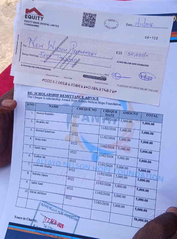 Equity Bank cheque issued by the Alfayo Nelson Hope Foundation