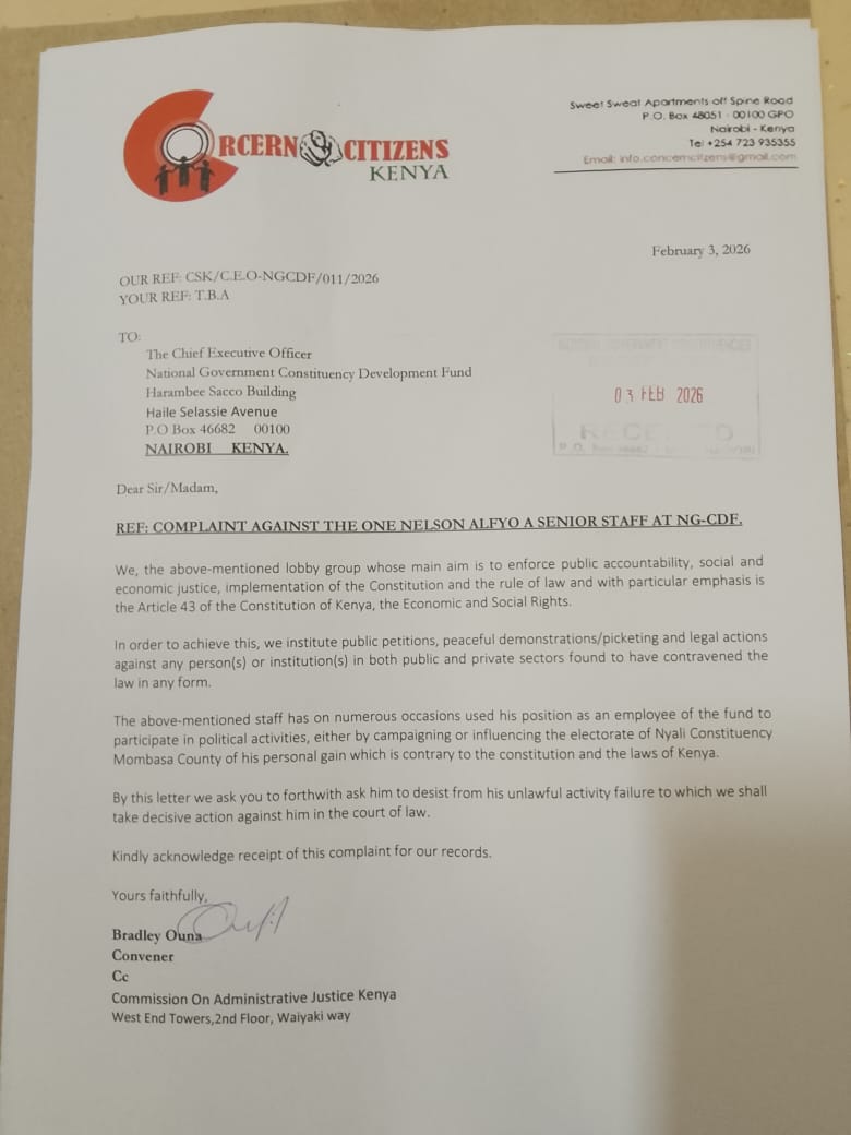 Official complaint letter from Kenyan civil rights lobby group Concern Citizens addressed to the Chief Executive Officer of the Government Constituency Development Fund at Harambee Sacco Building, Nairobi, raising allegations that a senior fund manager in Nyali Constituency, Mombasa County, has used his position to engage in political activities for personal gain, requesting immediate intervention and warning of legal action if misconduct continues, signed by Convener Bradley Ouna and copied to the Commission on Administrative Justice, Kenya.