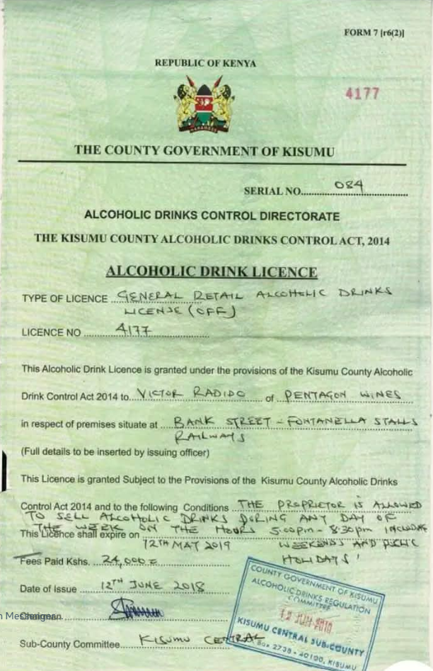 Alcoholic Drinks Licence reportedly issued under the Kisumu County Alcoholic Drinks Control Act 2014, granted to Victor Radido for a wines and spirits establishment.