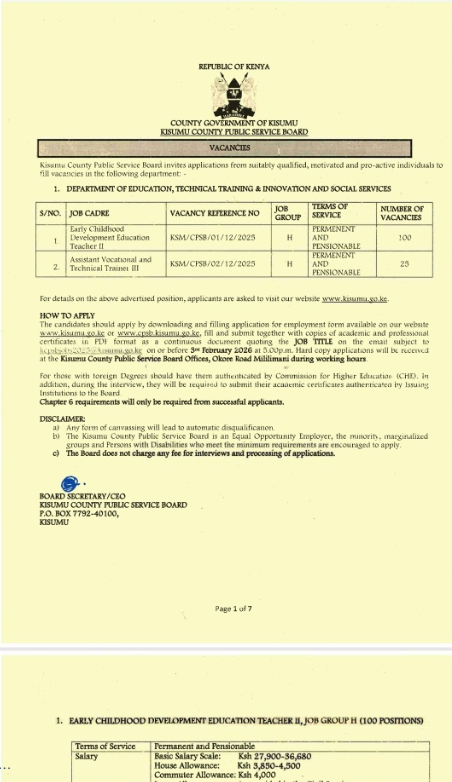 A Kisumu County Public Service Board notice under the Department of Education, Technical Training, Innovation and Social Services inviting applications for Early Childhood Development Education positions, outlining vacancy reference details, job cadre, and terms as permanent and pensionable, with instructions for submission of academic documents and application procedures.