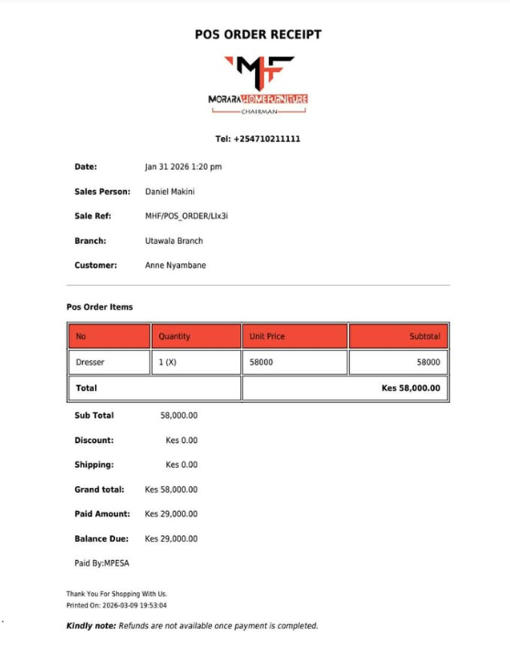 A point-of-sale order receipt from Morara Home Furniture, Utawala branch