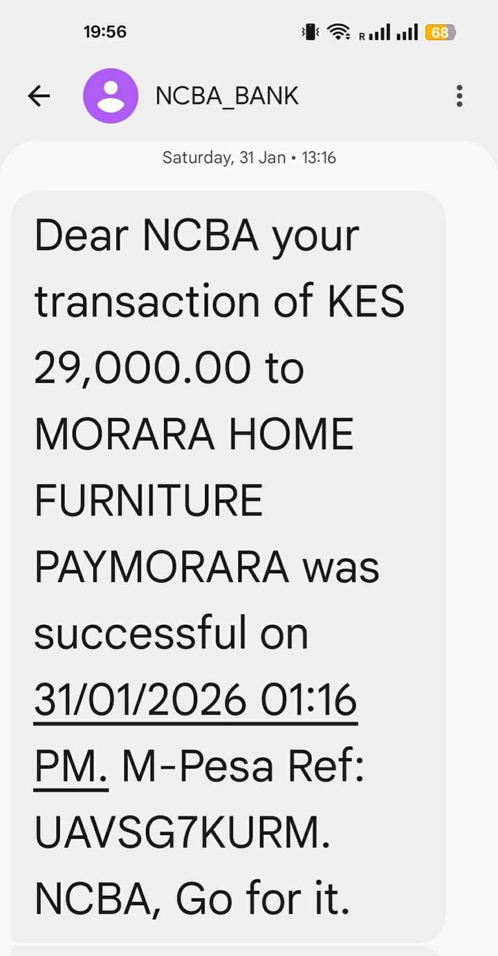 Screenshot of an NCBA Bank M-Pesa transaction confirmation showing a successful payment of Ksh 29,000 to Morara Home Furniture on 31st January 2026.