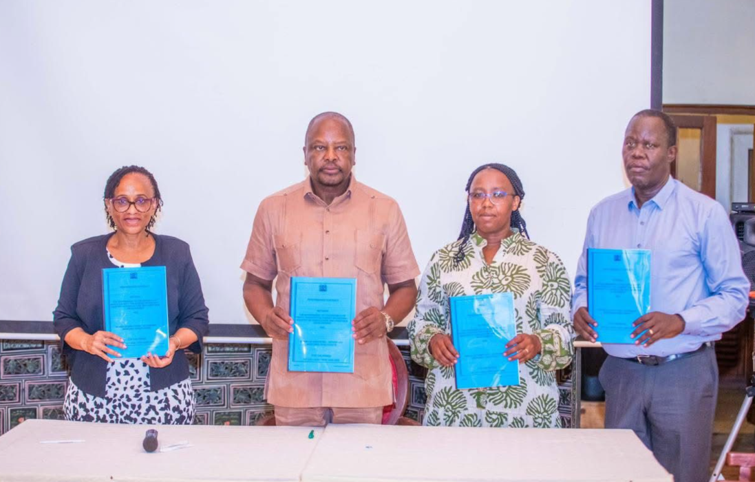 VMD Chairperson Dr Ningala Kalachu, Cabinet Secretary Mutahi Kagwe, Acting CEO Dr Emily Muema and Vice Chairperson Elloy Otieno during the signing of the 2025/2026 performance contract on April 8, 2026 in Mombasa.