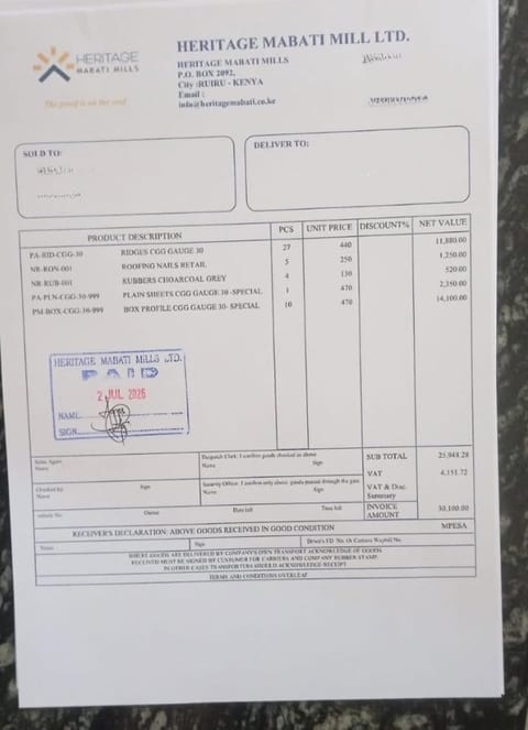 Invoice from Heritage Mabati Mills Ltd showing additional roofing materials purchased for Ksh 30,100, including box profile sheets, plain sheets, ridges, roofing nails and rubber accessories, with payment made via M Pesa on July 2, 2026.