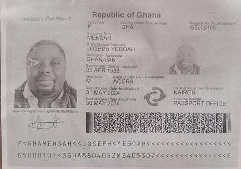Republic of Ghana passport identifying Joseph Yeboah Mensah, bearing passport number G5000105, showing it was issued in Nairobi on 31 May 2024 and expires on 30 May 2034.