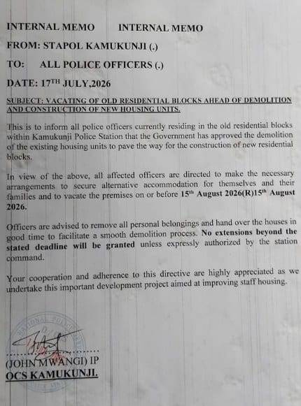 Official internal memo from Kamukunji Police Station ordering officers to vacate residential blocks by August 15, 2026, ahead of demolition.