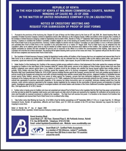 Official notice of creditors' meeting for United Insurance Company Limited (in liquidation), issued by liquidator Kamal Anantroy Bhatt, scheduling a hybrid creditors' meeting at KICC Nairobi on September 11, 2026, and requesting submission of proof of debt forms by August 21, 2026.