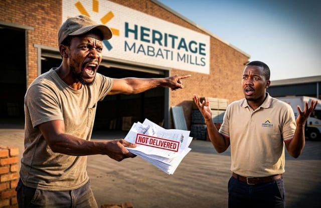 Illustration of a customer holding papers marked Not Delivered outside a Heritage Mabati Mills building.