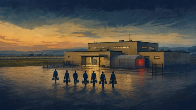 Editorial illustration of seven anonymous medical responders approaching a conceptual bio-isolation facility at an air base at dusk.