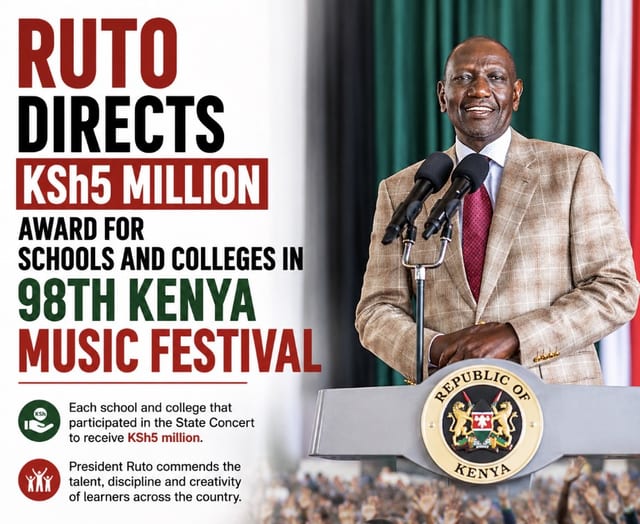Ruto Directs KSh5 Million Award for Schools and Colleges in 98th Kenya Music Festival