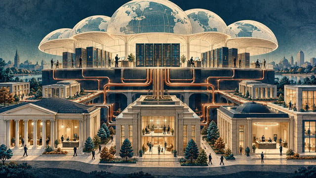 AI-generated editorial illustration. Conceptual illustration of banking offices connected to cloud infrastructure.