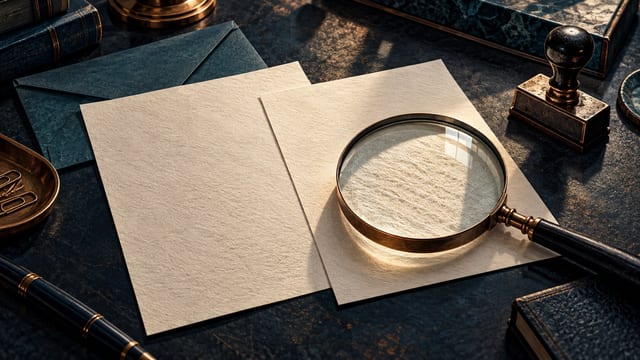 AI-generated editorial illustration. Conceptual illustration of documents examined with a magnifying glass.