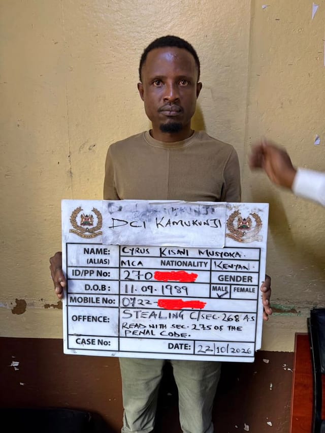 Kitui MCA Cyrus Kisavi Musyoka has been arrested over three reported phone theft incidents in Nairobi CBD, with detectives also citing an...