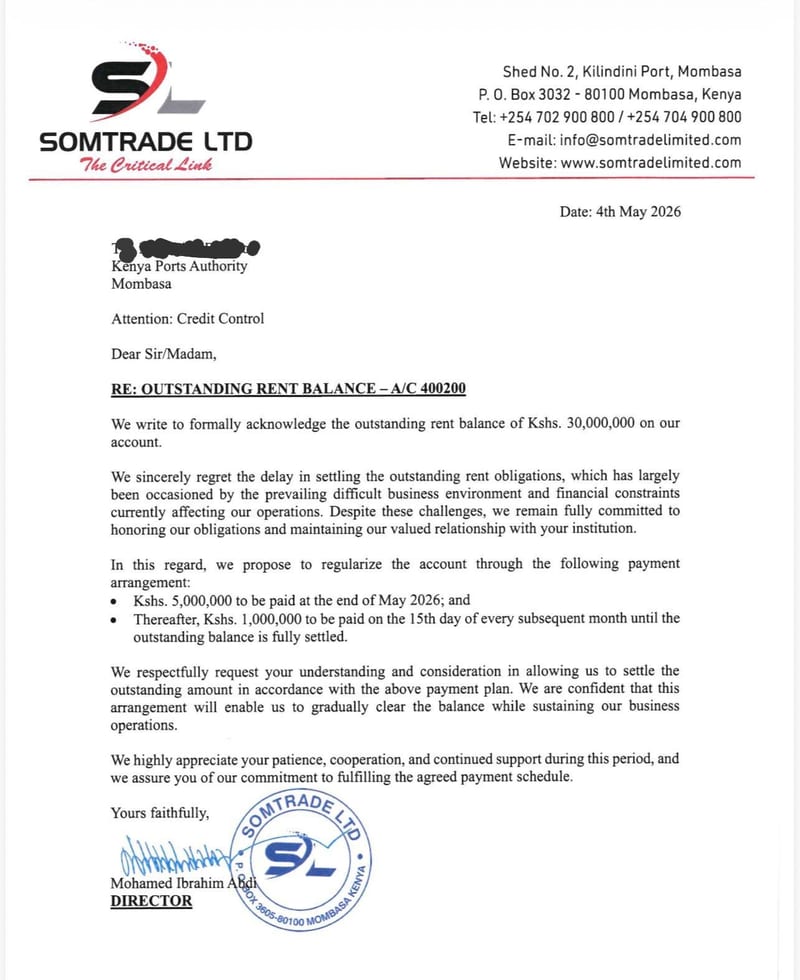 Letter by Somtrade ltd to KPA