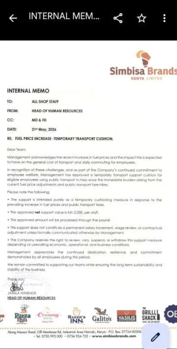 Internal memo from Simbisa Brands