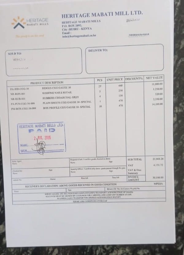 Invoice from Heritage Mabati Mills Ltd showing additional roofing materials purchased for Ksh 30,100, including box profile sheets, plain sheets, ridges, roofing nails and rubber accessories, with payment made via M Pesa on July 2, 2026.