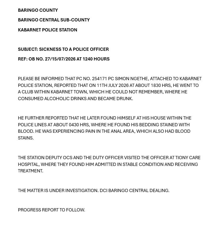 A police OB report from Kabarnet Police Station detailing an incident involving PC No. 254171 Simon Ngethe