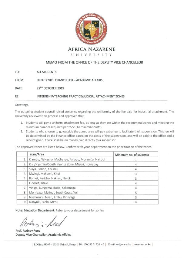 Africa Nazarene University memo dated 22 October 2019 outlining approved internship, teaching practice and judicial attachment zones, fee guidelines and supervision arrangements for students.