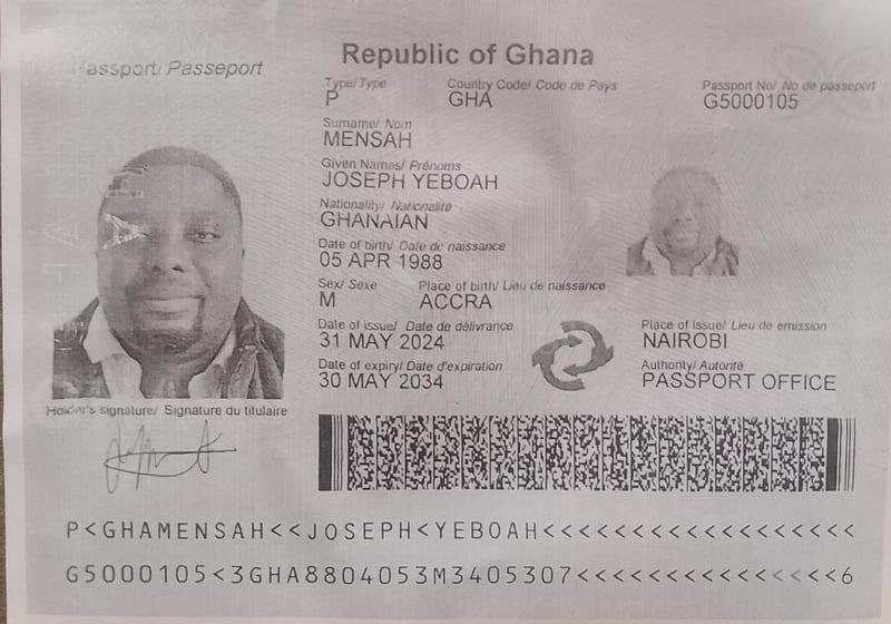 Republic of Ghana passport identifying Joseph Yeboah Mensah, bearing passport number G5000105, showing it was issued in Nairobi on 31 May 2024 and expires on 30 May 2034.