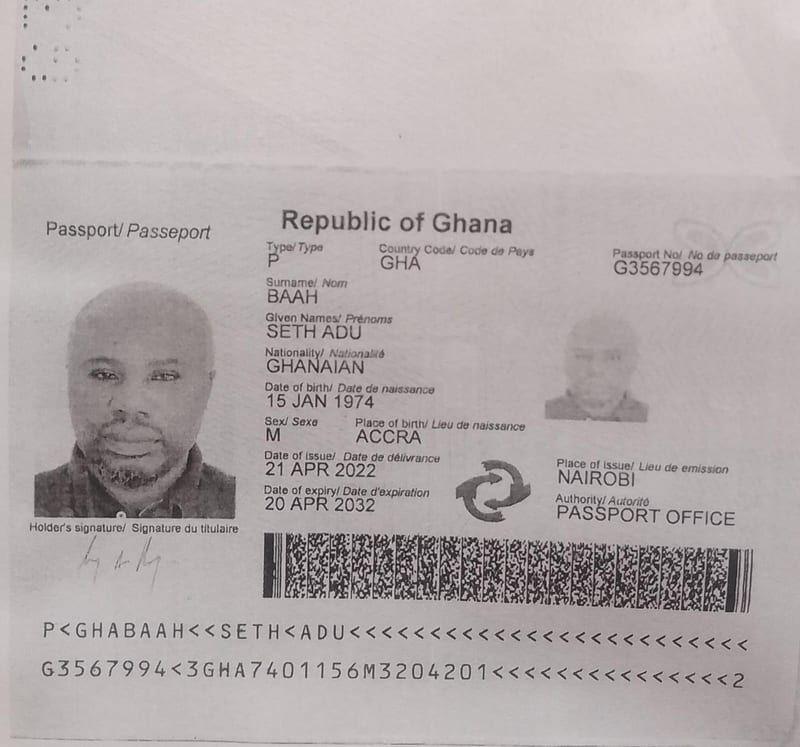 Republic of Ghana passport identifying Seth Adu Baah, bearing passport number G3567994, showing it was issued in Nairobi on 21 April 2022 and expires on 20 April 2032.