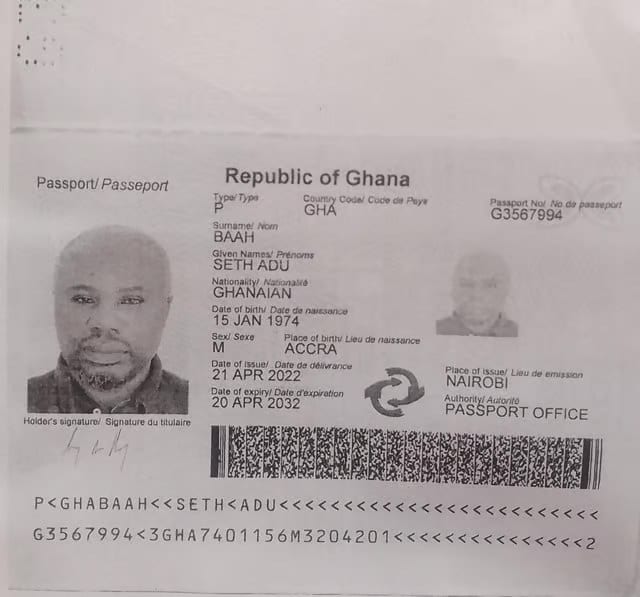 Republic of Ghana passport identifying Seth Adu Baah, bearing passport number G3567994, showing it was issued in Nairobi on 21 April 2022 and expires on 20 April 2032.