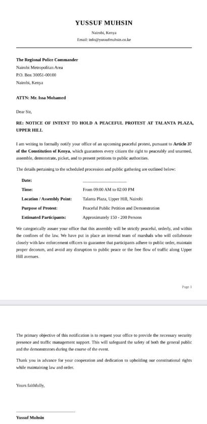 A formal protest notification letter addressed to the Nairobi Metropolitan Regional Police Commander, notifying authorities of a planned peaceful demonstration at Talanta Plaza, Upper Hill, over an unpaid Ksh2 million debt allegedly owed by the Sports Fund CEO.