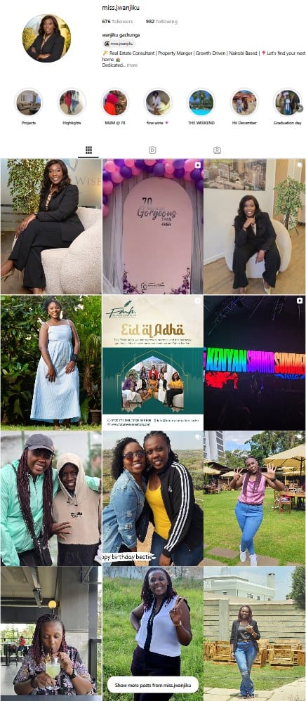 A screenshot of Jacinta Wanjiku Gachunga's Instagram page, with none of her late husband, Edward Gichigo, appearing in any of them.