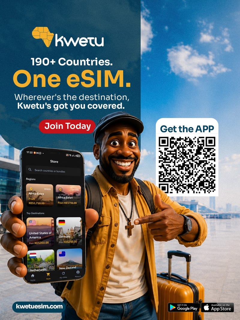 Kwetu eSIM eliminates roaming charges, SIM swaps, and airport queues with instant activation.