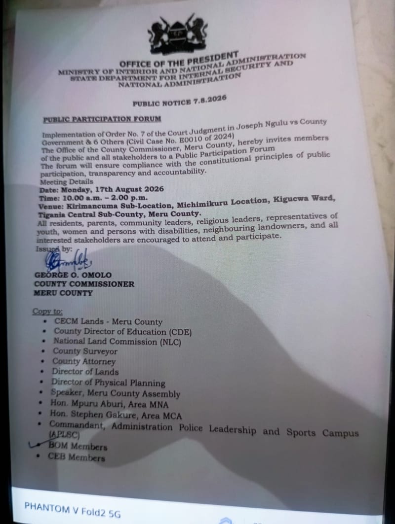 An official government notice from the Meru County Commissioner inviting the public to a meeting about the implementation of a court judgment regarding Kirimancuma Primary School land, dated August 7, 2026.