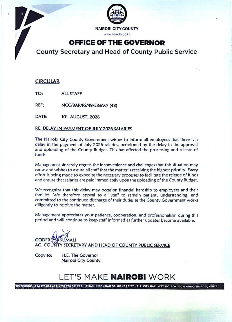 The circular from the Office of the Governor, signed by Acting County Secretary and Head of County Public Service Godfrey Akumali