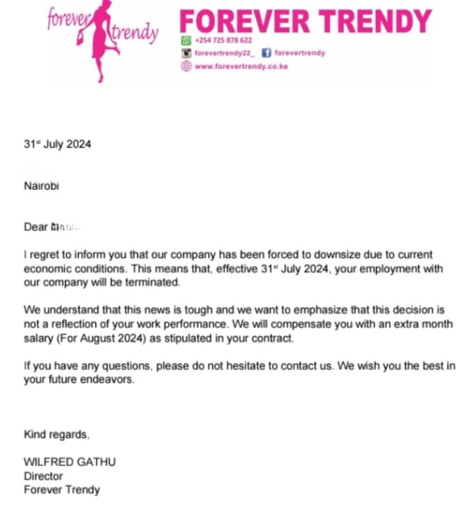 termination letter that dozens of Forever Trendy employees received on July 31, 2024, promising an extra month's salary as compensation, a promise that remains unfulfilled more than a year later.