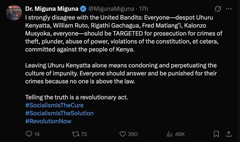 A tweet from Dr Miguna Miguna