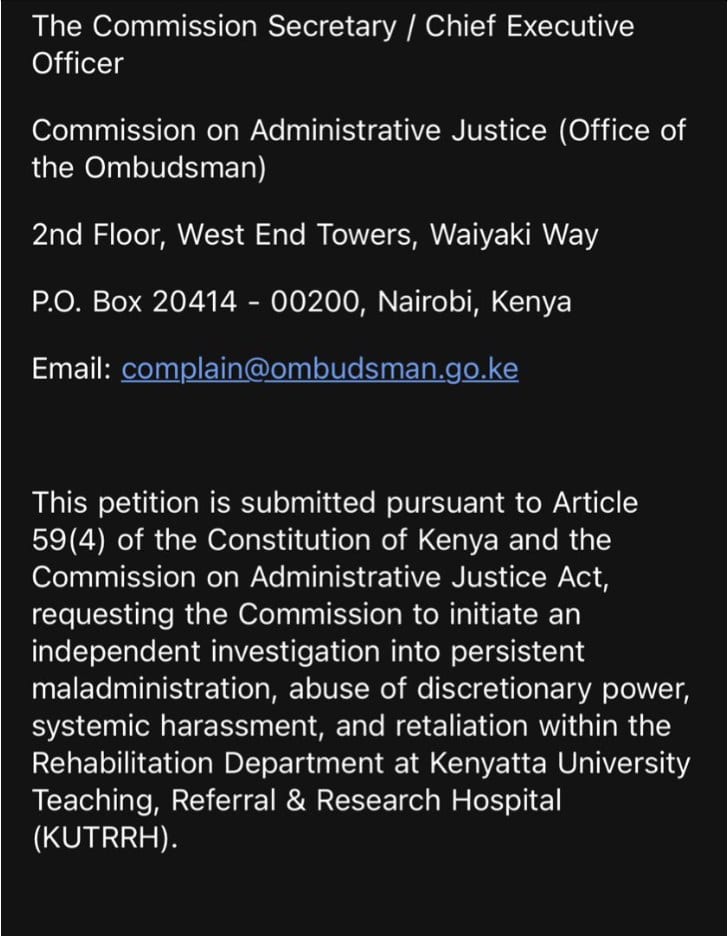 Part of the letter to Ombudsman against DR Elizabeth Mwikali