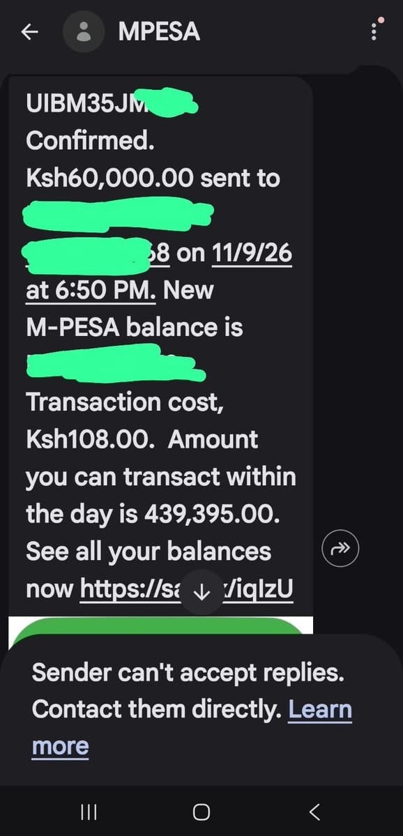 Mpesa message confirming the transaction